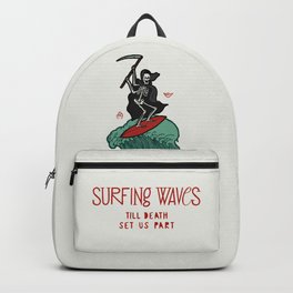 Surfing Death Backpack | Typogrpahy, Death, Coast, Scythe, Tropical, Joke, Fun, Bone, Curated, Sickle 
