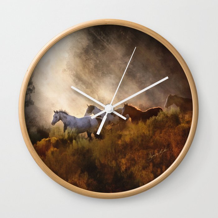 Horses in a Golden Meadow by Georgia M Baker Wall Clock