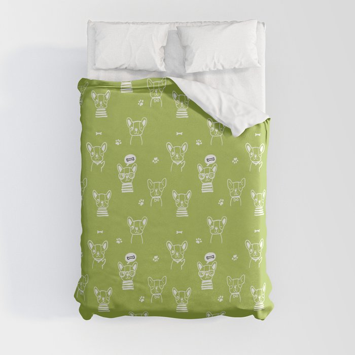 Light Green and White Hand Drawn Dog Puppy Pattern Duvet Cover
