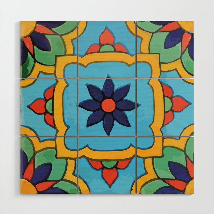 Blue flower color block mexican style talavera Wood Wall Art
