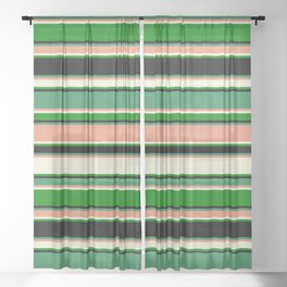 [ Thumbnail: Eye-catching Sea Green, Dark Salmon, Beige, Green, and Black Colored Lined Pattern Sheer Curtain ]