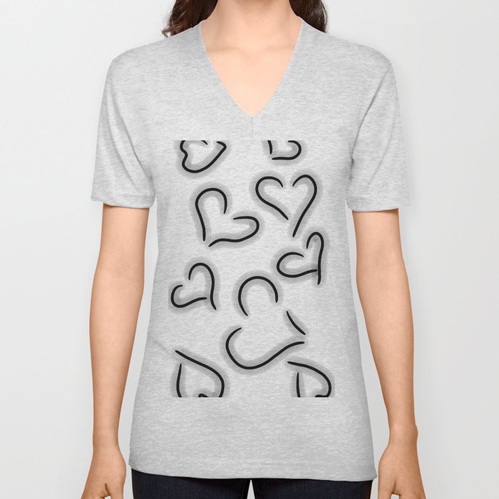 Cute Hearts Black and White V Neck T Shirt