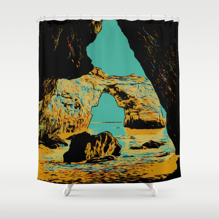 Nature landscape illustration. Algarve Portugal vintage travel, Algarve coast Shower Curtain