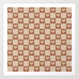 Stitched Hearts on Checker (Brown + Tan) Art Print