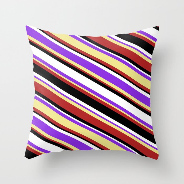 Colorful Purple, Tan, Red, Black & White Colored Stripes Pattern Throw Pillow
