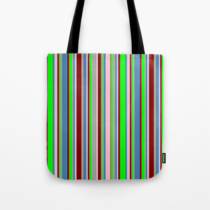 Colorful Dark Grey, Blue, Pink, Maroon, and Lime Colored Lined/Striped Pattern Tote Bag