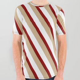 [ Thumbnail: Dark Red, Tan, and White Colored Stripes Pattern All Over Graphic Tee ]