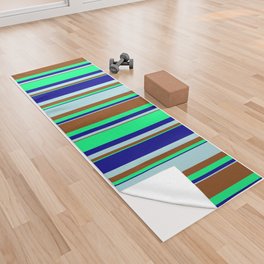 [ Thumbnail: Dark Blue, Green, Brown, and Powder Blue Colored Lines/Stripes Pattern Yoga Towel ]