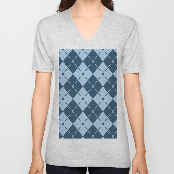 Retro Blue Argyle Pattern V Neck T Shirt