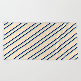 [ Thumbnail: Bisque, Blue, and Aquamarine Colored Lines Pattern Beach Towel ]