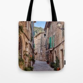 Narrow street in Valldemossa village - Mallorca, Spain Tote Bag