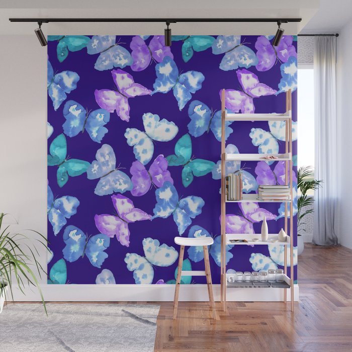Purple butterflies on Persian Indigo background Wall Mural