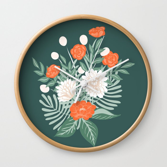 Floral wandering - retro flower bouquet - teal and orange Wall Clock