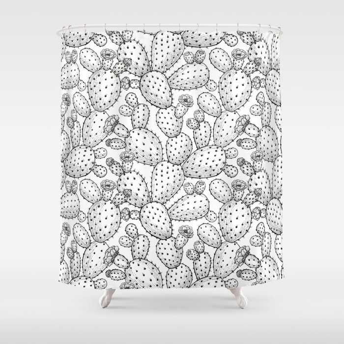 Flowering opuntia in black and white Shower Curtain