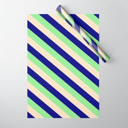 [ Thumbnail: Light Green, Bisque & Blue Colored Striped Pattern Wrapping Paper ]