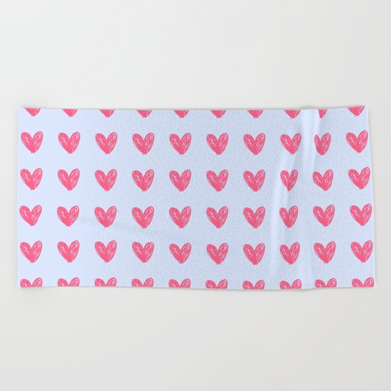Pink hearts on blue Beach Towel