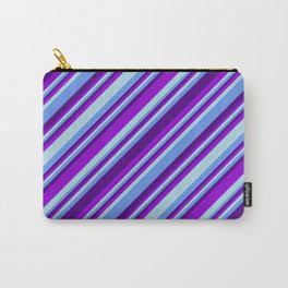 [ Thumbnail: Indigo, Dark Violet, Light Blue & Cornflower Blue Colored Lined Pattern Carry-All Pouch ]