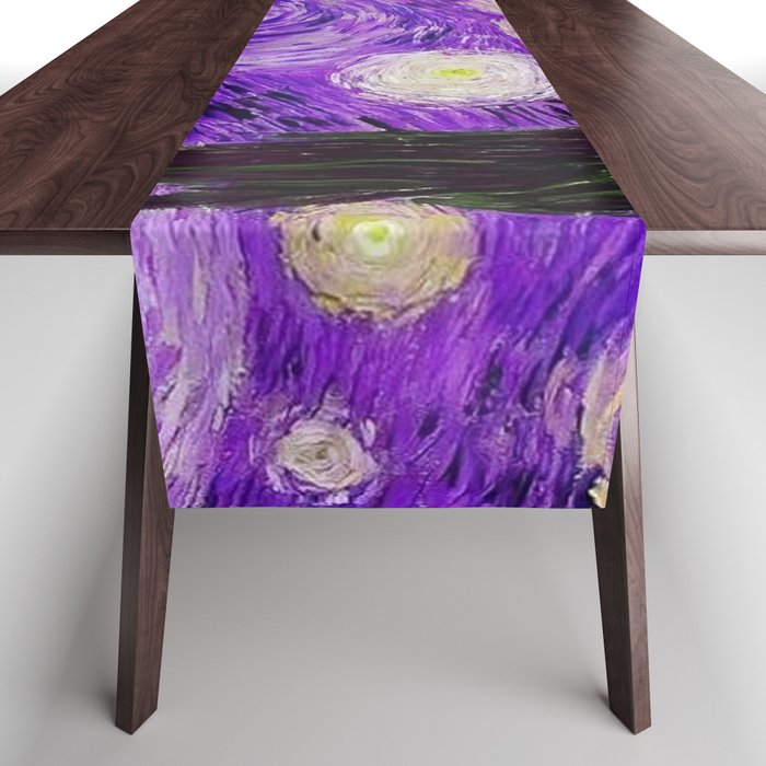 The Starry Night - La Nuit étoilée oil-on-canvas post-impressionist landscape masterpiece painting in alternate purple by Vincent van Gogh Table Runner