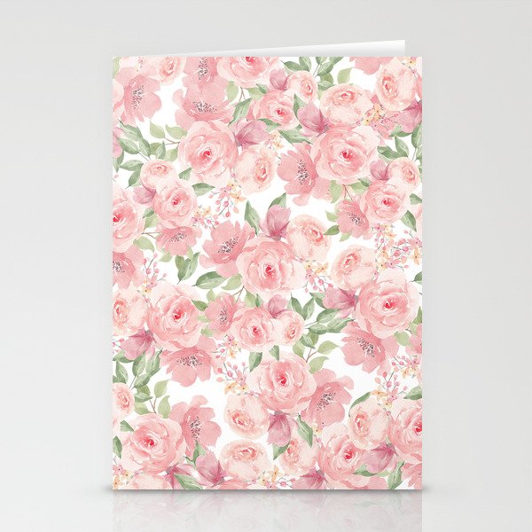 Watercolor botanical pink coral green summer flowers Stationery Cards