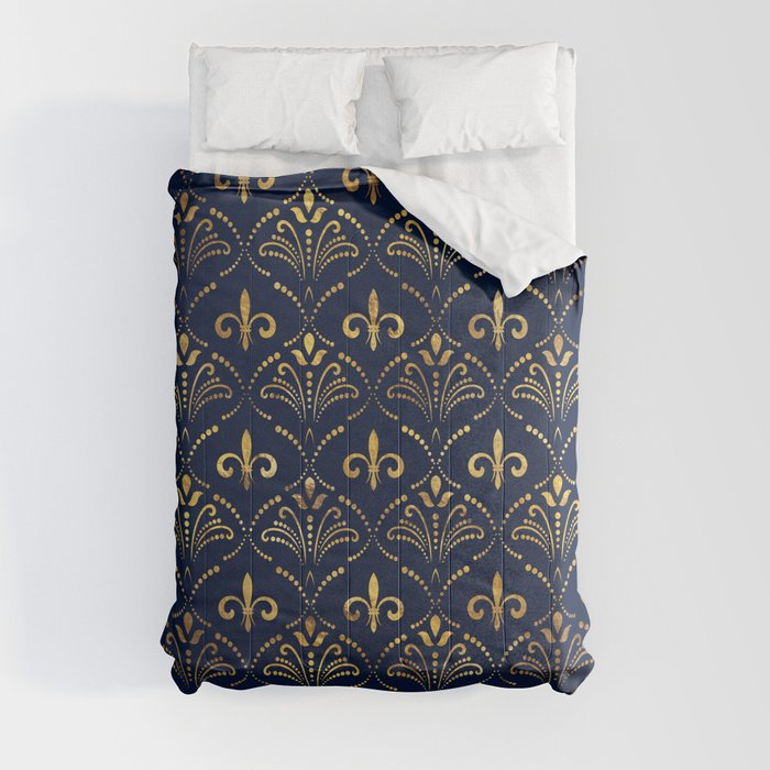 Elegant Fleur-de-lis pattern - Gold and deep blue Comforter