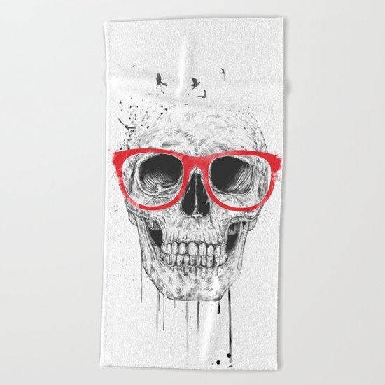 Skull with red glasses Beach Towel