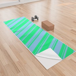 [ Thumbnail: Light Sky Blue and Green Colored Pattern of Stripes Yoga Towel ]