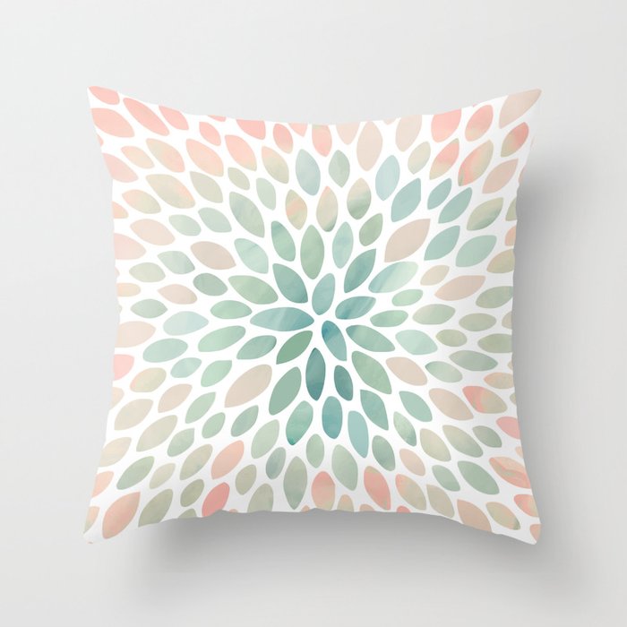 Floral Bloom, Abstract Watercolor, Coral, Peach, Green, Floral Prints Throw Pillow