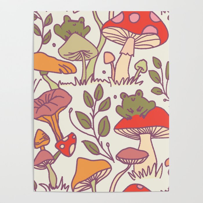 Mushroom and cute frog wild cottage core foraging vintage aesthetic pattern Poster