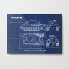 Tiger 2 II Main battle tank blueprint WW2 Germany army blue Coordinate paper Metal Print