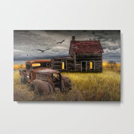 The Death of the Small American Farm with Abandoned Truck and Farm House Metal Print