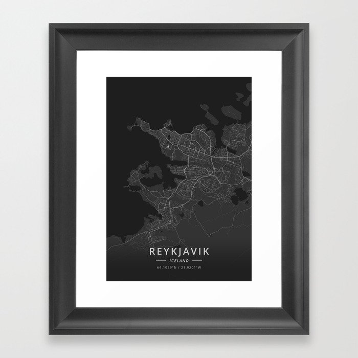 Reykjavik, Iceland - Dark Map Framed Art Print