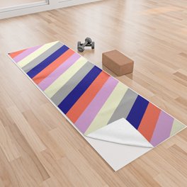 [ Thumbnail: Colorful Plum, Red, Blue, Dark Grey & Light Yellow Colored Lines/Stripes Pattern Yoga Towel ]