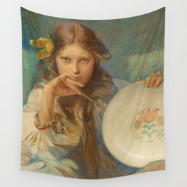 Girl with a Plate with a Folk Motif (1920) - Alphonse Mucha Wall Tapestry