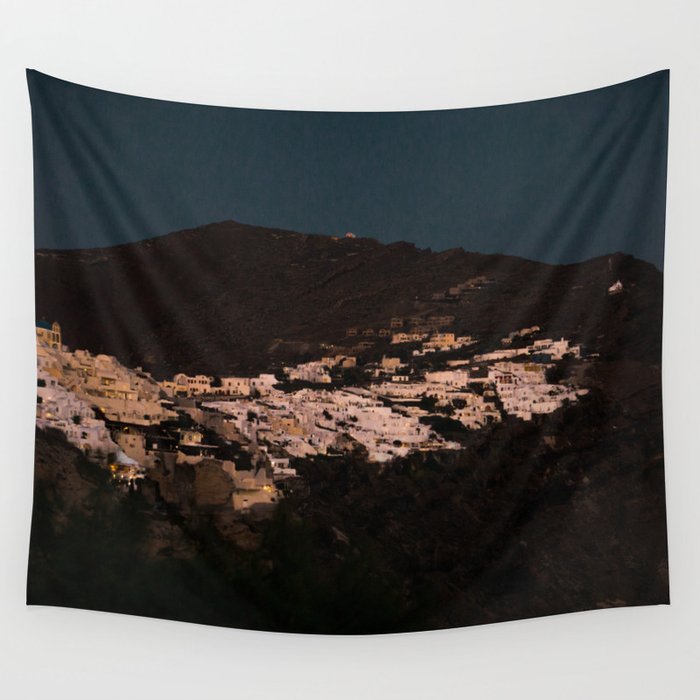 Santorini Cliff by Night | Fira and Oia White Buildings against the Evening Sky | Cliffs & Sea | Nature Travel & Landscape Photography Wall Tapestry