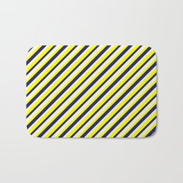 [ Thumbnail: Yellow, Midnight Blue, and Light Yellow Colored Lined/Striped Pattern Bath Mat ]