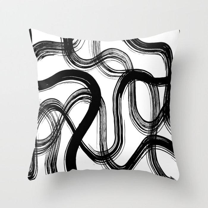 Wavy Brush Strokes - Black & White Throw Pillow