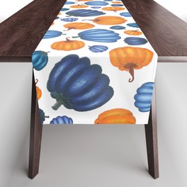 Cute Orange & Blue Pumpkins on White Pattern Table Runner
