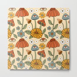 70s Psychedelic Mushrooms & Florals Metal Print | Orange, Flowers, 1970S, Graphicdesign, Groovy, Vintage, Fungi, Wallpaper, Yellow, Pattern 