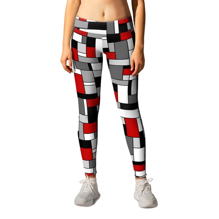 Mid Century Modern Color Blocks in Red, Gray, Black and White Leggings