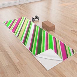 [ Thumbnail: Eye-catching Deep Pink, White, Lime, Tan & Dark Green Colored Lined/Striped Pattern Yoga Towel ]