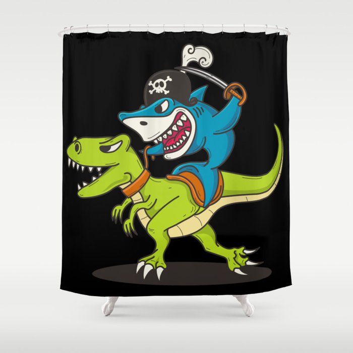 Shark Pirate Riding A Dinosaur T-Rex Gift Shower Curtain