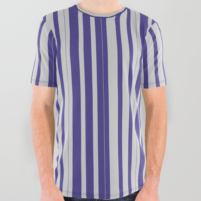 Light Gray and Dark Slate Blue Colored Lines Pattern All Over Graphic Tee