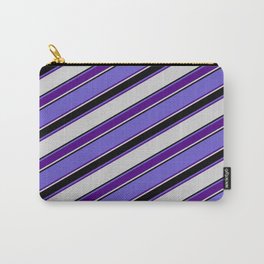 [ Thumbnail: Slate Blue, Indigo, Light Grey, and Black Colored Lined Pattern Carry-All Pouch ]