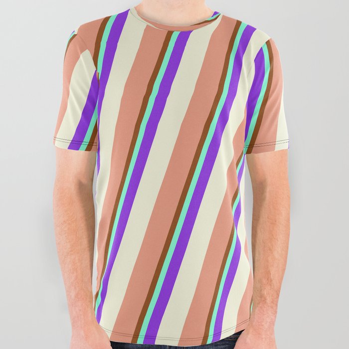 Vibrant Brown, Aquamarine, Purple, Beige & Dark Salmon Colored Lined Pattern All Over Graphic Tee