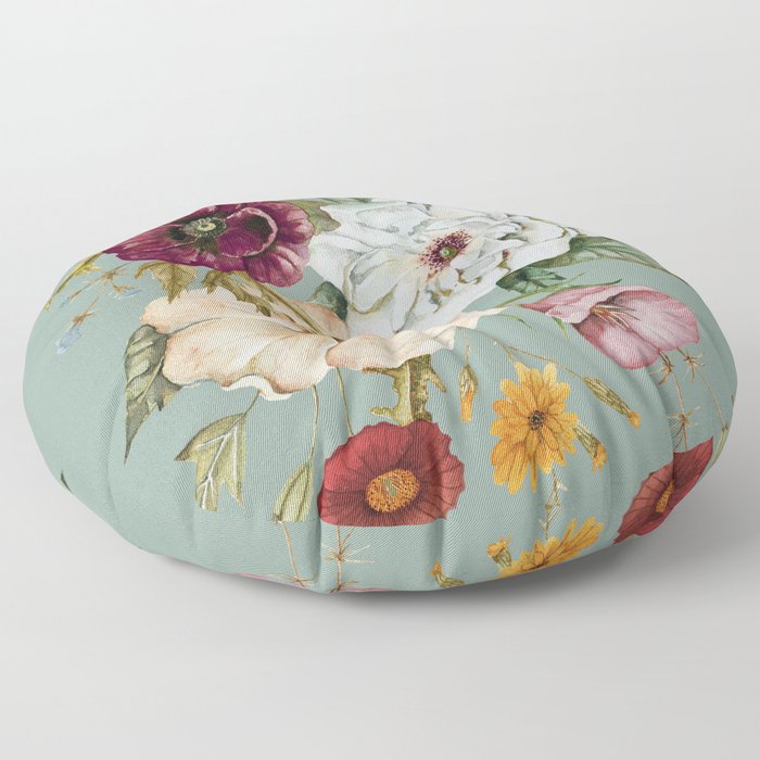 Colorful Wildflower Bouquet on Blue Floor Pillow
