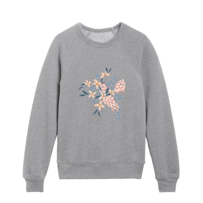 Flourishing floral bouquet -navy-blue, pink and off-white Kids Crewneck