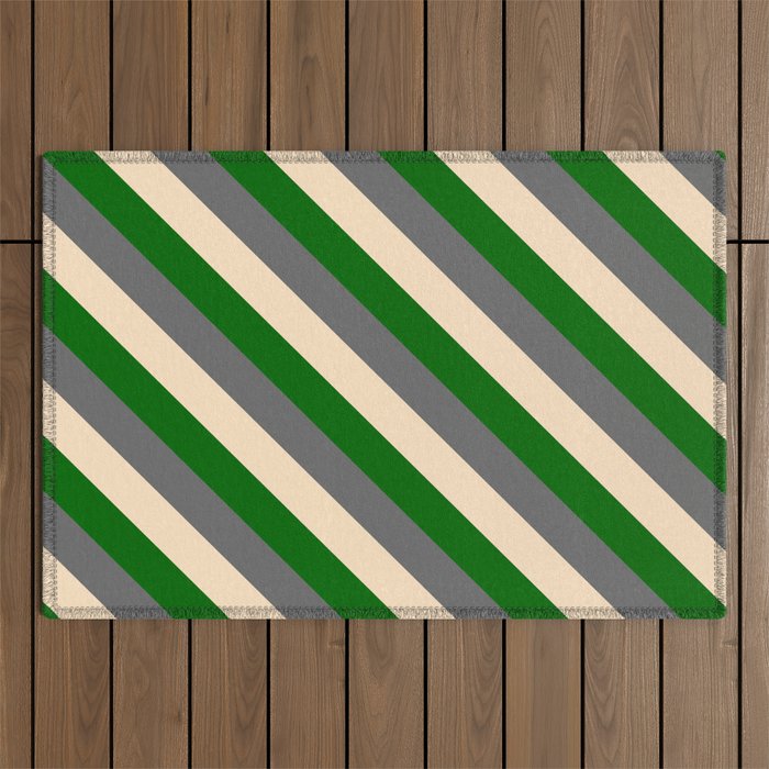 Dim Grey, Bisque & Dark Green Colored Stripes/Lines Pattern Outdoor Rug