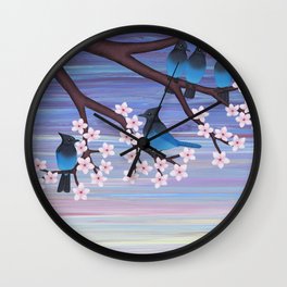 Steller’s jays and cherry blossoms Wall Clock