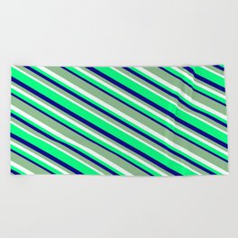 [ Thumbnail: Dark Sea Green, Mint Cream, Green, and Blue Colored Striped Pattern Beach Towel ]