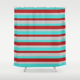 [ Thumbnail: Red, Grey, and Turquoise Colored Lined Pattern Shower Curtain ]